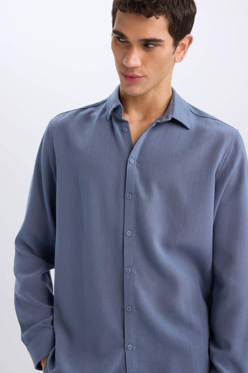 DeFacto Regular Fit Polo Neck Linen Look Shirt - Image 4