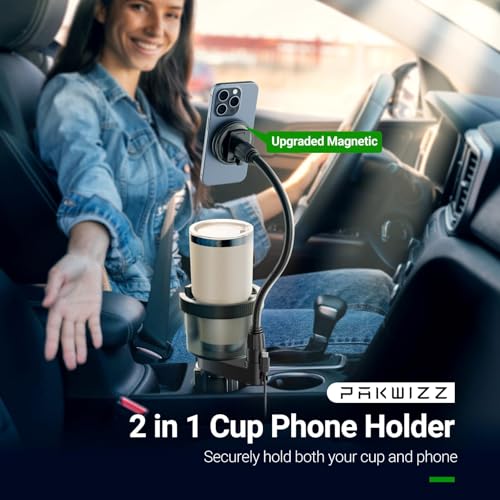 PakWizz 2-in-1 Car Cup Holder Expander for Phone MagSafe, Upgraded Cup Holder Phone Mount for Car with Adjustable Base, Compatible with Yeti 20/26/30 oz, Hydroflask 32/40 oz (Transparent Black) - Image 2