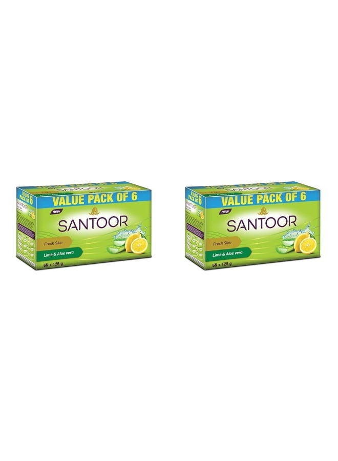 سانتور صابون الاستحمام "سانتور فريش سكين" (Santoor Fresh Skin) بخلاصة الصبار والليمون - بخصائص مغذية ومقاومة لعلامات التقدم في السن | لبشرة ناعمة، طرية، وأكثر شباباً | مناسب لجميع أنواع البشرة | 125 جم، عبوة مزدوجة (6 × 2) - Image 1