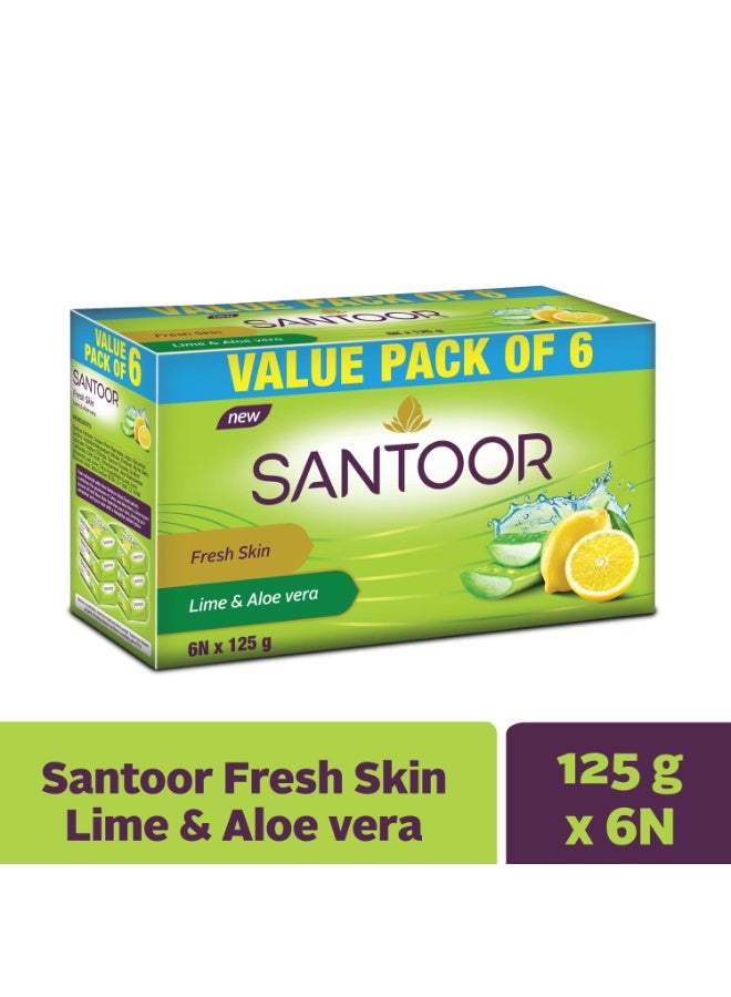 سانتور صابون الاستحمام "سانتور فريش سكين" (Santoor Fresh Skin) بخلاصة الصبار والليمون - بخصائص مغذية ومقاومة لعلامات التقدم في السن | لبشرة ناعمة، طرية، وأكثر شباباً | مناسب لجميع أنواع البشرة | 125 جم، عبوة مزدوجة (6 × 2) - Image 2