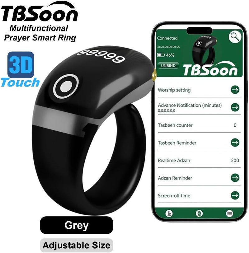 تي بي سون خاتم ذكي خفيف الوزن للتسبيح، عدادات التسبيح، دليل مؤشر اتجاه الصلاة، منبه لخمس صلوات، مغفرة، مسبحة إلكترونية، هدية عيد الفطر وعيد الأضحى ورمضان للرجال والنساء - رمادي برو مع تطبيق - Image 2