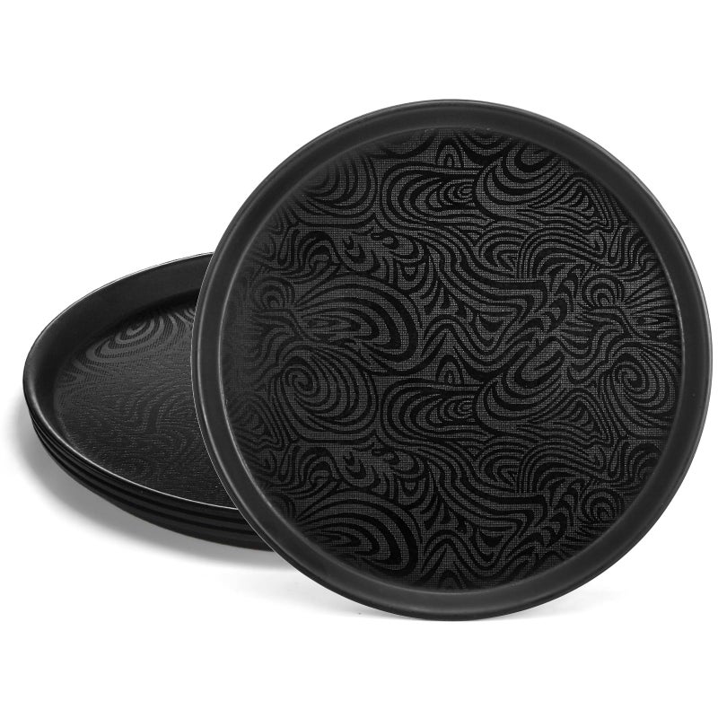 Hacaroa 4 Pack Round Restaurant Serving Tray, 14 Inch Black Plastic Server Tray Non-Slip Food Serving Platter for Drinks, Bar, Cafeteria, Hotel, Coffee Table, Raised Edges - Image 1