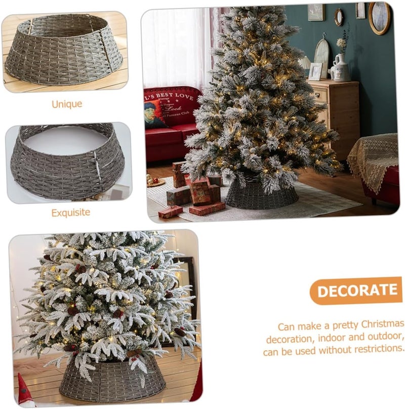 Beavorty Christmas Tree Skirt Small Gray Woven Basket Tree Collar Round Frame Farmhouse for Holiday Decorations - Image 3