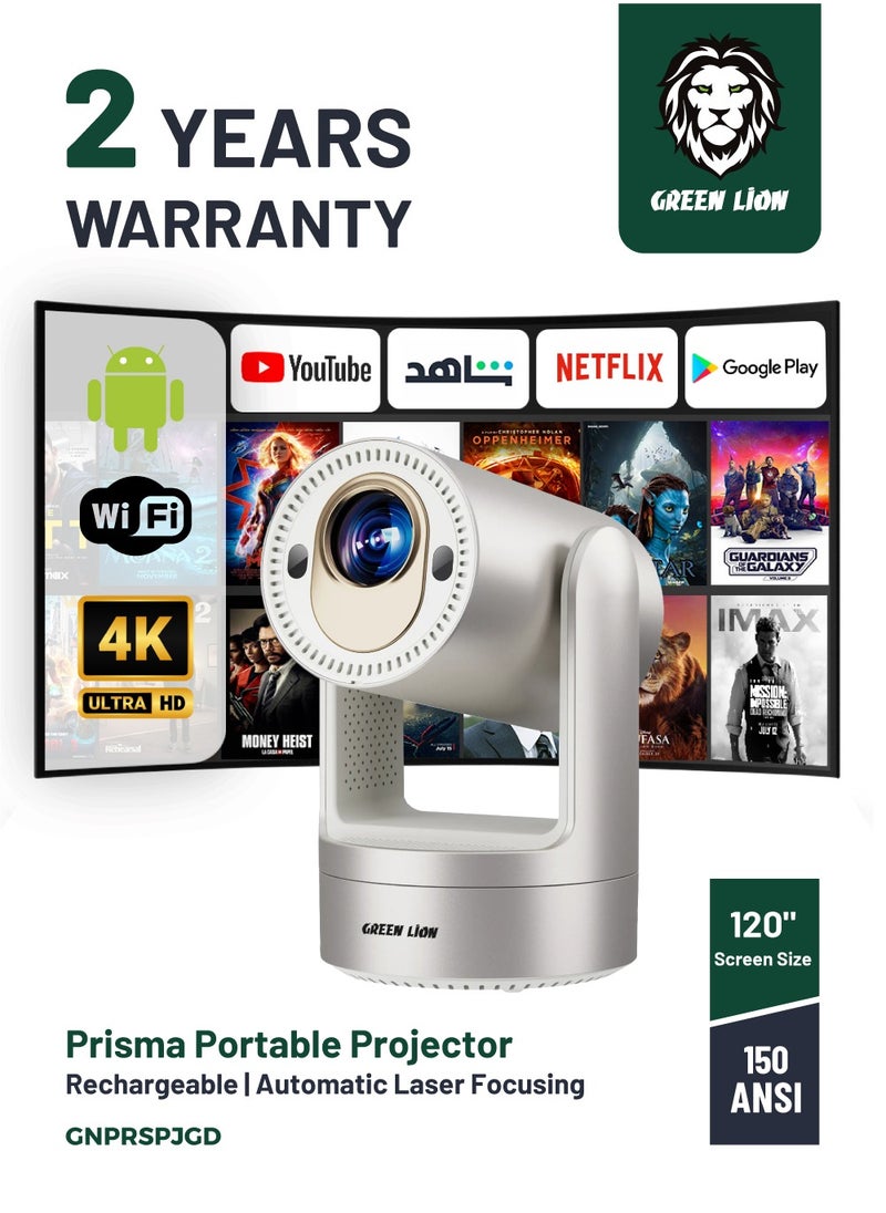 GREEN LION - Portable Projector Prisma 4K with 120" Screen Size/ Android / HDMI/ USB/ WiFi/ BT/Wireless Screen Mirroring / Remote Control / Rotating/Gaming / Home Theater/ Movies/ Business & Education - White - Image 1