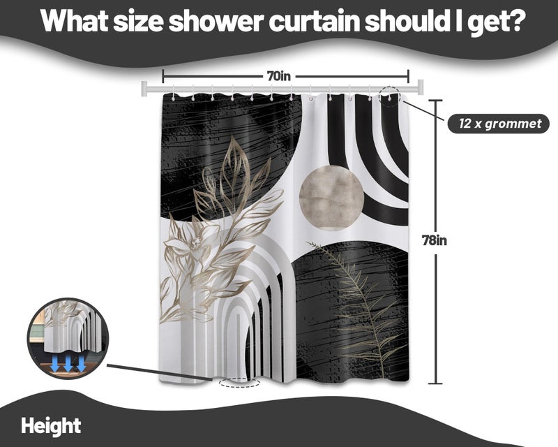 QGHOT Boho Mid Century Modern Shower Curtain Black and White Shower Curtains for Mens Bathroom Decor Cool Grey Abstract MCM Masculine Bath Curtain Set  Waterproof Fabric with Hooks  70"" W x 78"" L - Image 4