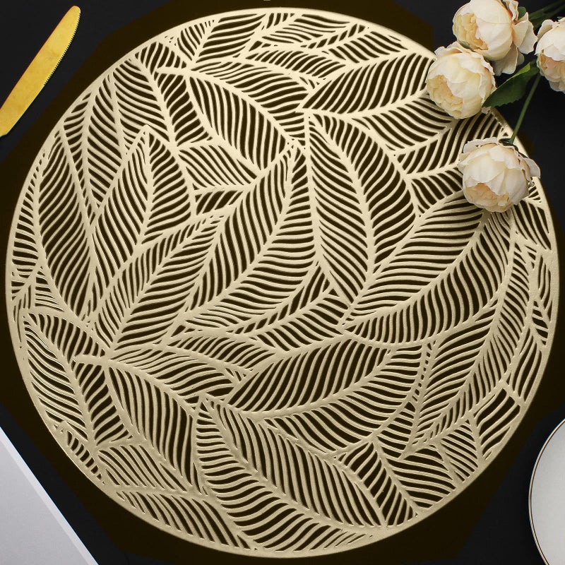 Mabbcoo Placemats Set of 6 Round Leaf Place Mats for Dining Table HollowedOut Pressed Vinyl Table Mats for Holiday Party Wedding Accent Centerpiece Dinner Table Decoration Gold