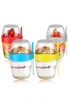 Premify Overnight Oats Jar Set Of 4 With Spoons, 870ml / 30oz Reusable Plastic Breakfast Jars With Partitions, On The Go Yogurt/Dessert Cups For Oatmeal, Cereal, Pudding, Porridge, Fruit Salad  - Image 1