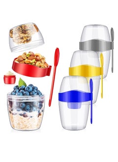 Premify Overnight Oats Jar Set Of 4 With Spoons, 870ml / 30oz Reusable Plastic Breakfast Jars With Partitions, On The Go Yogurt/Dessert Cups For Oatmeal, Cereal, Pudding, Porridge, Fruit Salad  - Image 2