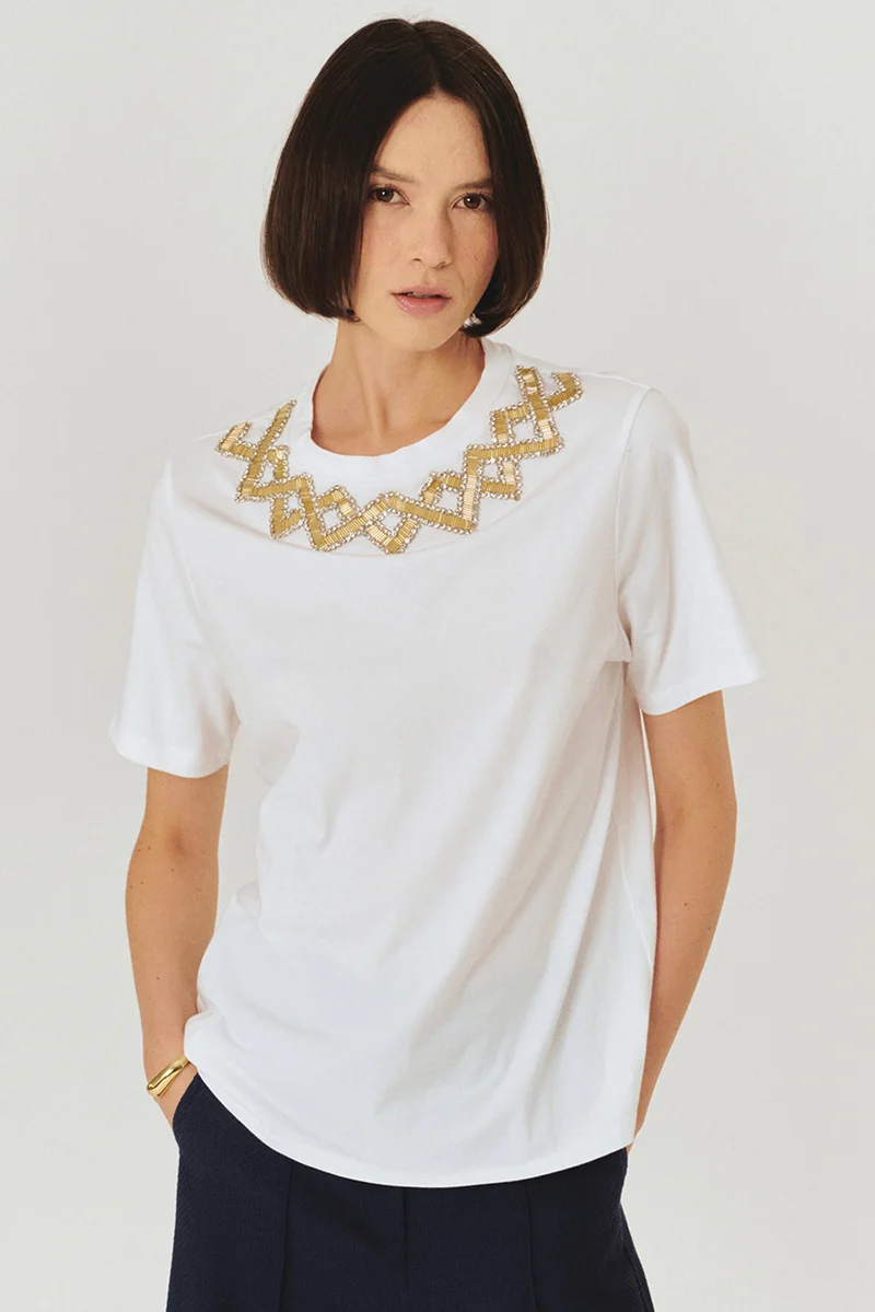 Exquise Embroidered and Stone Detailed Crew Neck White Cotton Knit T-Shirt