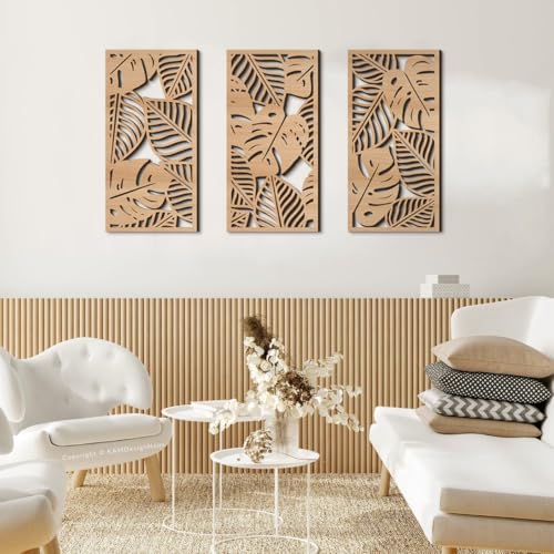 Jocaluyia 3 Pcs Tropical Leaf Wood Wall Art Decor, Wooden Palm Leaves Wall Hanging Decor, 3D Hollow Carved Craft Art Set, Boho Abstract Wall Sculptures Panels Decoration for Home Living Room Bedroom Kitchen (A) - Image 3