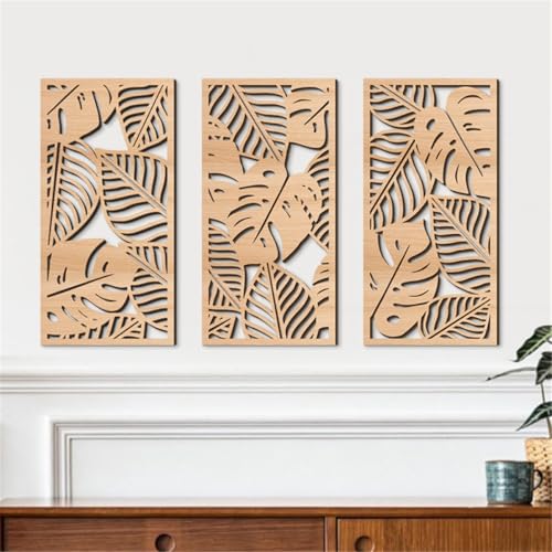 Jocaluyia 3 Pcs Tropical Leaf Wood Wall Art Decor, Wooden Palm Leaves Wall Hanging Decor, 3D Hollow Carved Craft Art Set, Boho Abstract Wall Sculptures Panels Decoration for Home Living Room Bedroom Kitchen (A) - Image 4