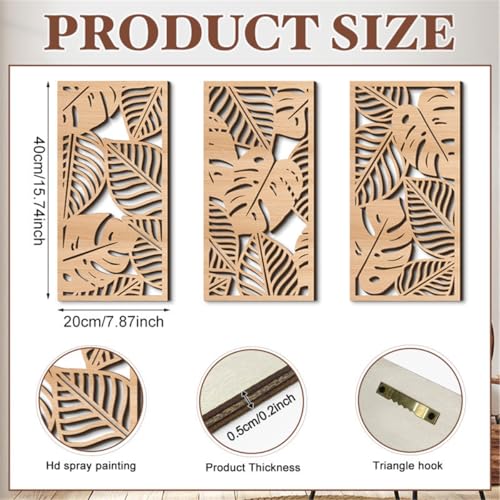 Jocaluyia 3 Pcs Tropical Leaf Wood Wall Art Decor, Wooden Palm Leaves Wall Hanging Decor, 3D Hollow Carved Craft Art Set, Boho Abstract Wall Sculptures Panels Decoration for Home Living Room Bedroom Kitchen (A) - Image 2