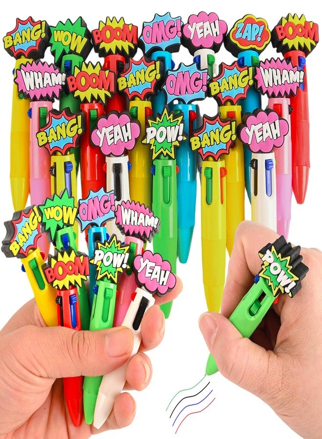 LiYiQ 25 Pcs Hero Theme Colorful Multicolor Pen in One Cute Cartoon Fun 4-in-1 Cute Pens Bulk Kawaii Hero Theme Boom Wow Pow Conversation Cool Ballpoint Pens for Fun Gifts - Image 1
