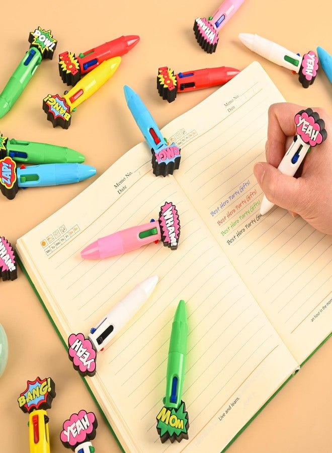 LiYiQ 25 Pcs Hero Theme Colorful Multicolor Pen in One Cute Cartoon Fun 4-in-1 Cute Pens Bulk Kawaii Hero Theme Boom Wow Pow Conversation Cool Ballpoint Pens for Fun Gifts - Image 4