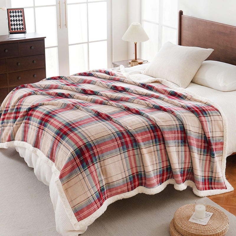 Pu Mei Sherpa Fleece Throw Blanket 60"" X 80"" Reversible Plush Fluffy Large Big Blanket Lattice Flannel Blankets For All Season Use  Chrismas Red - Image 2