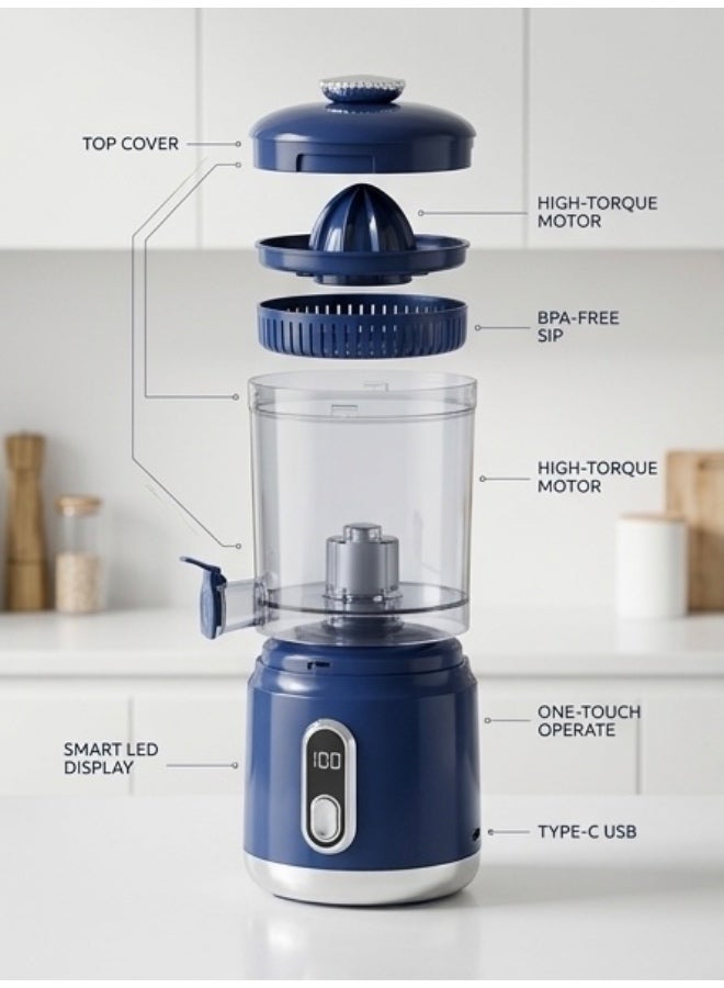 Portable Electric Citrus Juicer – USB-C Rechargeable Wireless Orange Squeezer, Hands-Free One-Touch Operation, Compact Fruit Juicer Machine for Lemon, Lime, Grapefruit & Pomegranate – Navy Blue - Image 3