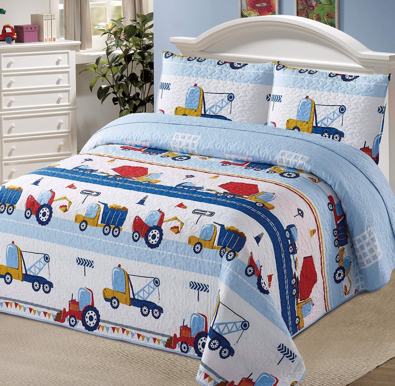 Kids Zone Home Linen Bedspread Coverlet Quilt Set for Boys Construction Work Road Trucks Blue Red Yellow Cranes Dump Truck New FullQueen