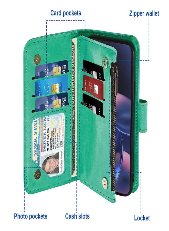 أسو ويش جراب هاتف Asuwish لهاتف Motorola Moto Edge 2022/MotoEdge 5G UW 2022، غطاء محفظة مع واقي شاشة، حزام كتف، سحاب، حامل بطاقات، فتحة، حامل، الجيل الثالث XT2205-1 XT2205-2، مقاس 6.6 بوصة، للنساء والفتيات، أخضر - Image 3