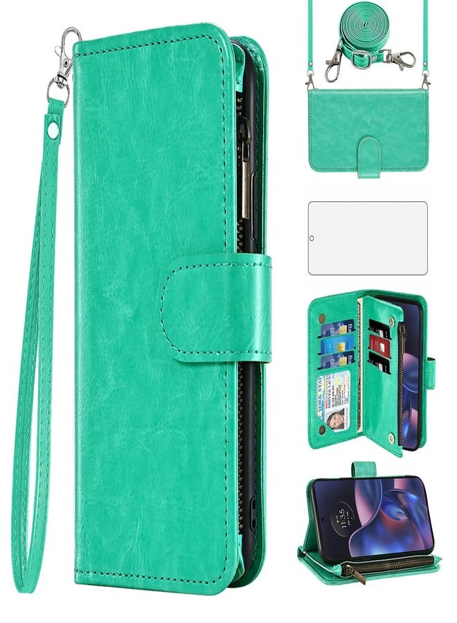 أسو ويش جراب هاتف Asuwish لهاتف Motorola Moto Edge 2022/MotoEdge 5G UW 2022، غطاء محفظة مع واقي شاشة، حزام كتف، سحاب، حامل بطاقات، فتحة، حامل، الجيل الثالث XT2205-1 XT2205-2، مقاس 6.6 بوصة، للنساء والفتيات، أخضر - Image 1
