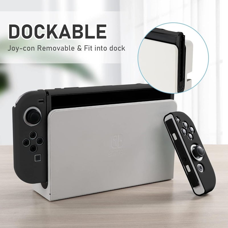 bruximly Switch OLED Case for Nintendo Switch OLED Model, Dockable Cover Soft TPU Protector Case for Switch OLED Grips & Console and Accessories with 2 Pcs Thumb Caps, Black - Image 3
