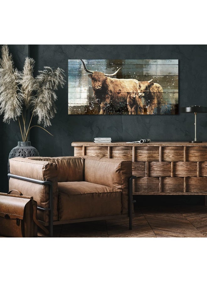 EMODA Highland Cow Canvas Wall-Art - Brown Cow Western Wall Art for Living Room Large Size - Bull Bedroom Wall Art Stretched and Framed Ready to Hang 40" W x 20" H - Image 2