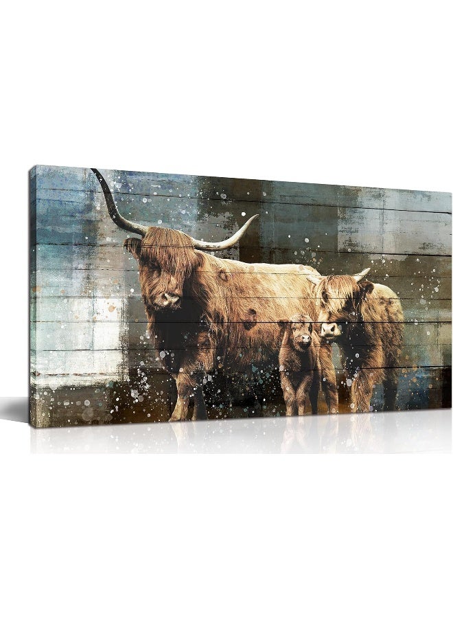 EMODA Highland Cow Canvas Wall-Art - Brown Cow Western Wall Art for Living Room Large Size - Bull Bedroom Wall Art Stretched and Framed Ready to Hang 40" W x 20" H - Image 1