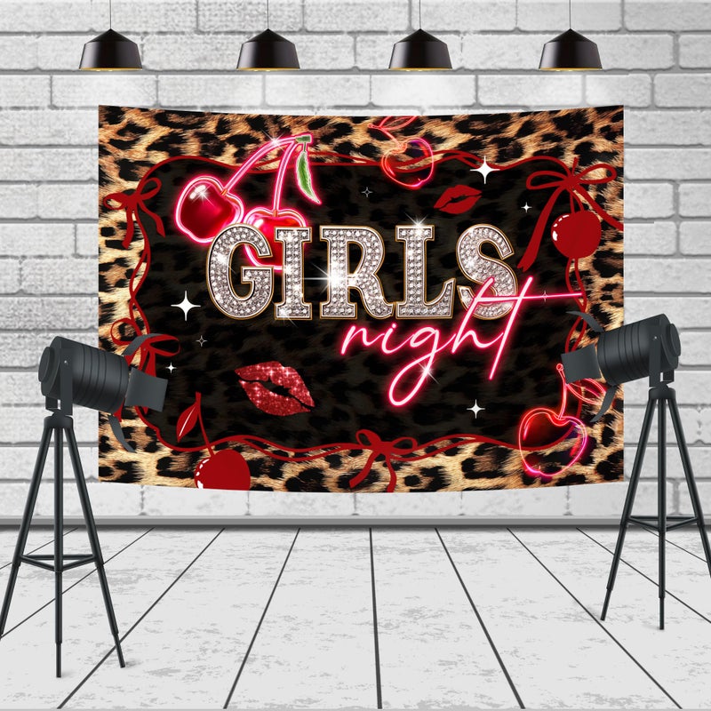 Ufeela Girls Night Red Backdrop 7Wx5H Feet Fabric Polyester Leopard Print Cherry Bow Lips Birthday Vintage Cheetah Fashion Cute Glitter Woman Girly Photography Background Banner Photo Shoot Decor Prop - Image 5