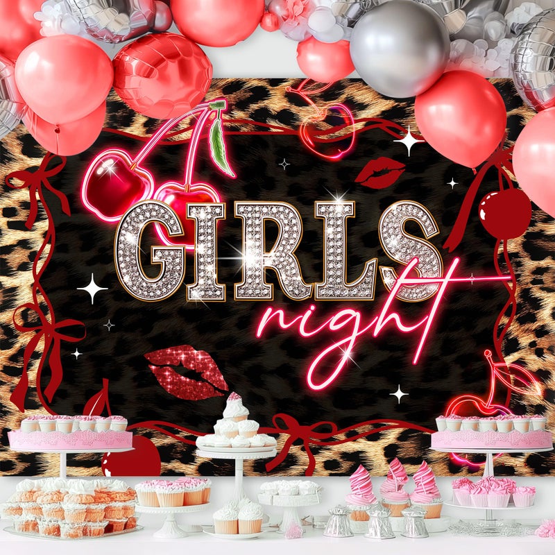 Ufeela Girls Night Red Backdrop 7Wx5H Feet Fabric Polyester Leopard Print Cherry Bow Lips Birthday Vintage Cheetah Fashion Cute Glitter Woman Girly Photography Background Banner Photo Shoot Decor Prop - Image 2