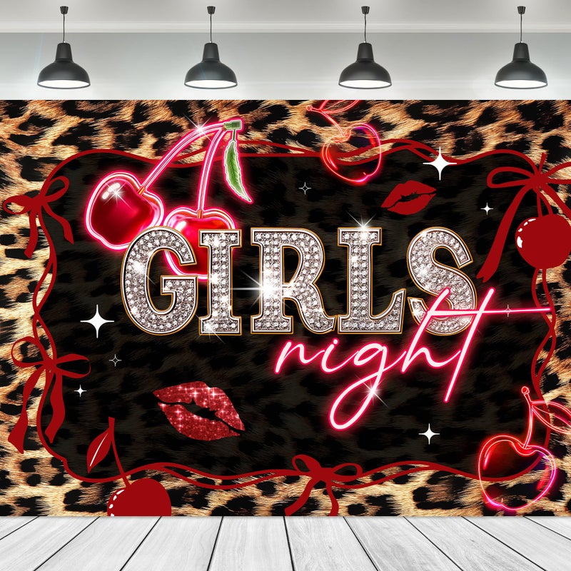 Ufeela Girls Night Red Backdrop 7Wx5H Feet Fabric Polyester Leopard Print Cherry Bow Lips Birthday Vintage Cheetah Fashion Cute Glitter Woman Girly Photography Background Banner Photo Shoot Decor Prop - Image 1