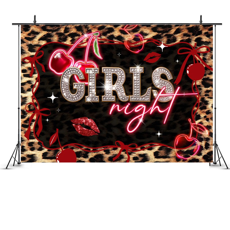 Ufeela Girls Night Red Backdrop 7Wx5H Feet Fabric Polyester Leopard Print Cherry Bow Lips Birthday Vintage Cheetah Fashion Cute Glitter Woman Girly Photography Background Banner Photo Shoot Decor Prop - Image 4