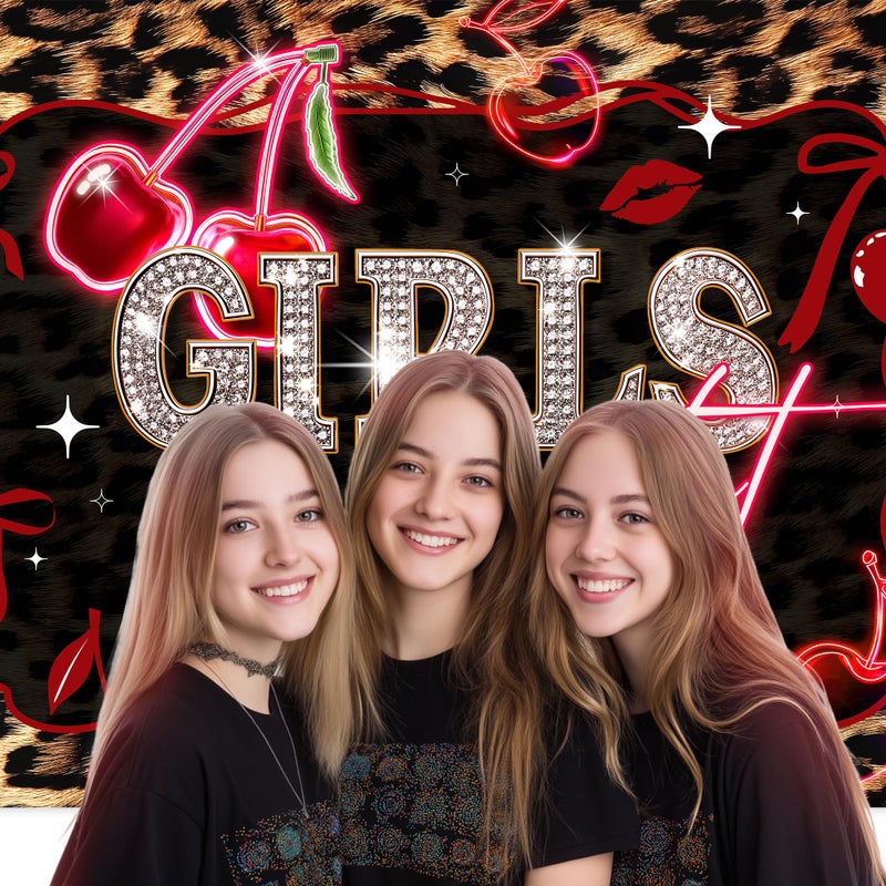 Ufeela Girls Night Red Backdrop 7Wx5H Feet Fabric Polyester Leopard Print Cherry Bow Lips Birthday Vintage Cheetah Fashion Cute Glitter Woman Girly Photography Background Banner Photo Shoot Decor Prop - Image 3