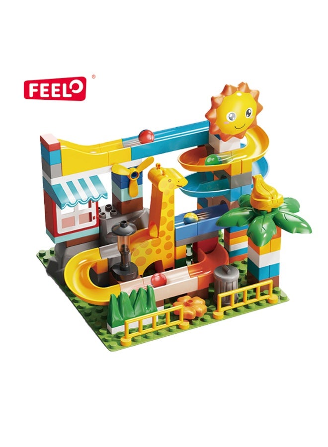 FEELO مجموعة كتل البناء الكبيرة زلاجة الزرافة من FEELO للأطفال | 99 قطعة | مجموعة بناء زلاجة حديقة حيوانات تفاعلية | كتل كبيرة وسهلة التجميع | تحتوي على طاحونة هوائية دوارة، شمس جميلة وزلاجة مستمرة - Image 1