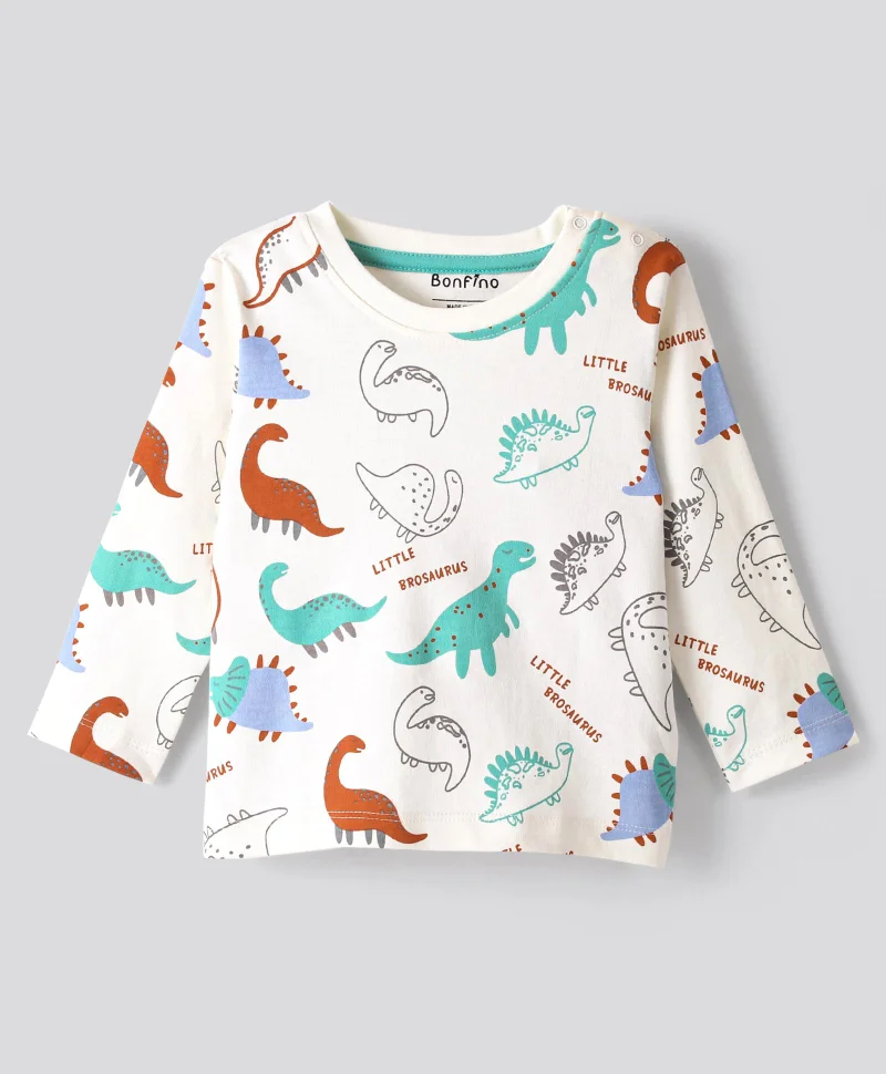 Bonfino Bonfino 100% Cotton Full Sleeves T-Shirts Dino Print & Striped Pack of 3  - Mint & Off White