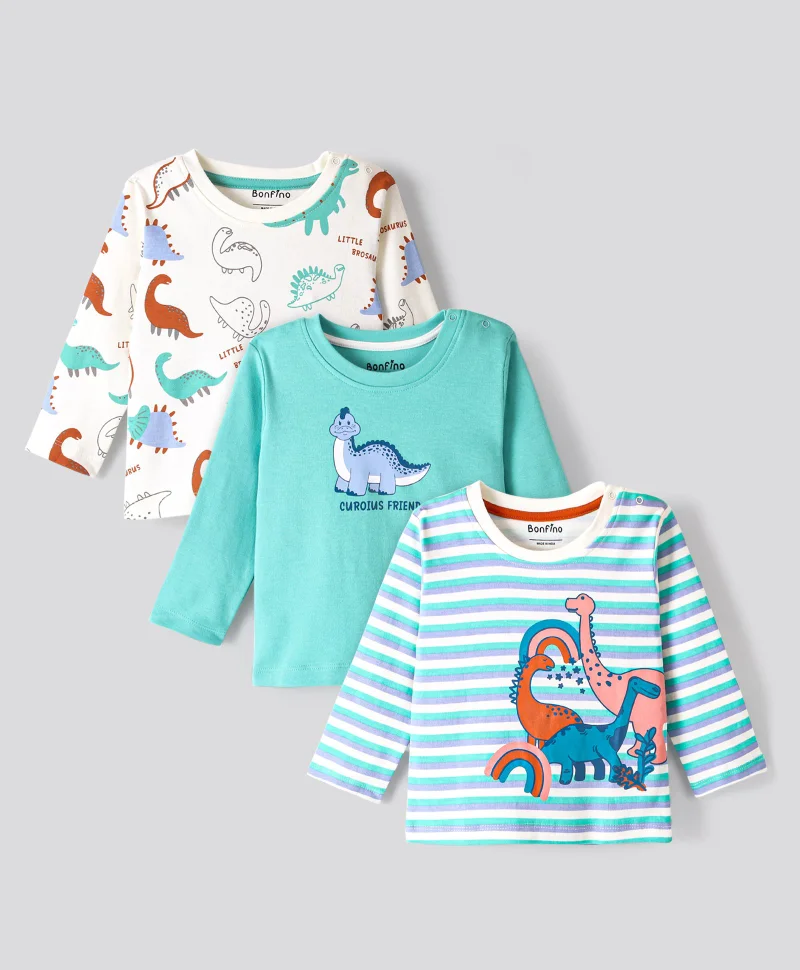 Bonfino Bonfino 100% Cotton Full Sleeves T-Shirts Dino Print & Striped Pack of 3  - Mint & Off White