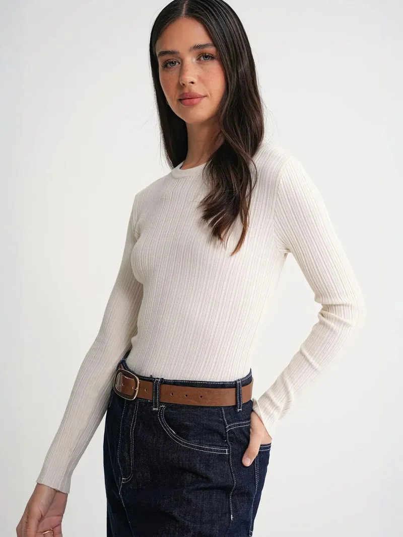 MixRay Natural Mixray Soft Textured Ribbed Fitted Top for Women | Best Price UAE