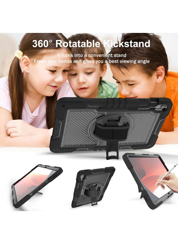 For Samsung Galaxy Tab S10 FE+ Tablet Case Silicone+PC Shockproof Cover with Kickstand Shoulder Strap - Black - Image 5