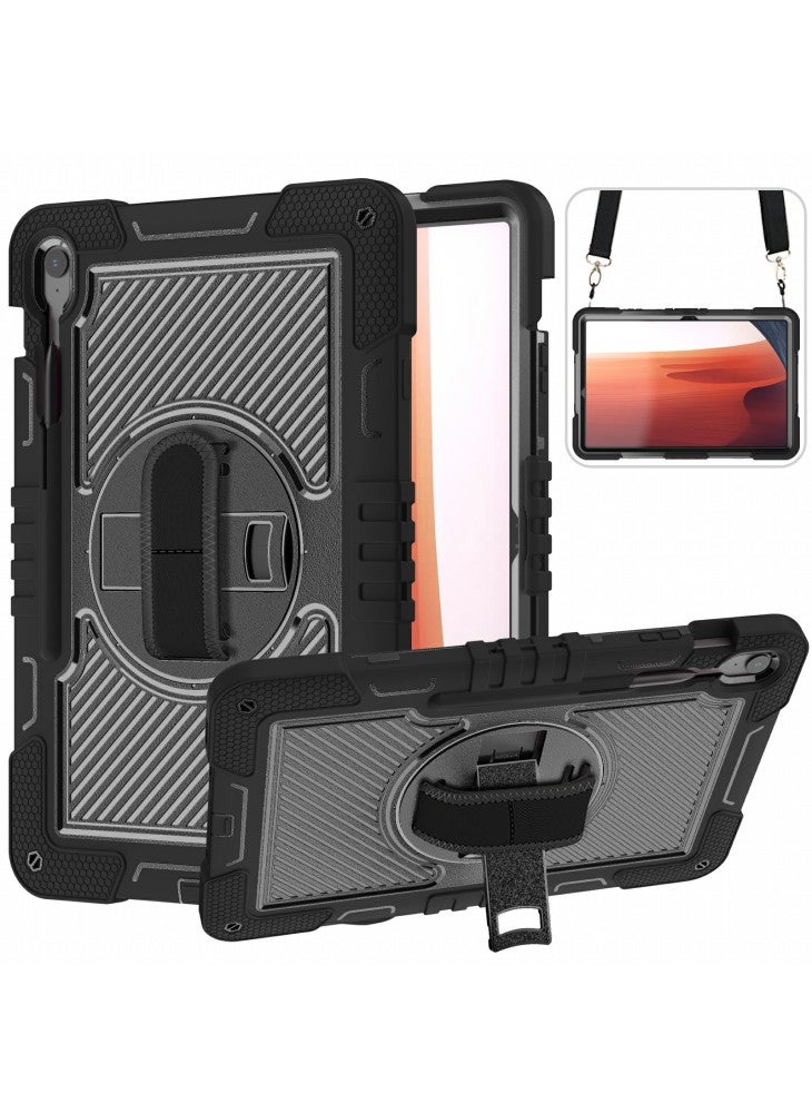 For Samsung Galaxy Tab S10 FE+ Tablet Case Silicone+PC Shockproof Cover with Kickstand Shoulder Strap - Black - Image 1