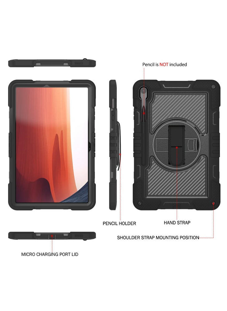 For Samsung Galaxy Tab S10 FE+ Tablet Case Silicone+PC Shockproof Cover with Kickstand Shoulder Strap - Black - Image 4