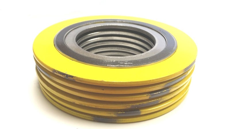 Lamons Sterling Seal 9000IR2500304GR150X6 304 Stainless Steel Spiral Wound Gasket with 304SS Inner Ring and Flexible Graphite Filler, Pressure Class 150#, for 2-1/2" Pipe, Yellow with Grey Stripe (Pack of 6) - Image 1