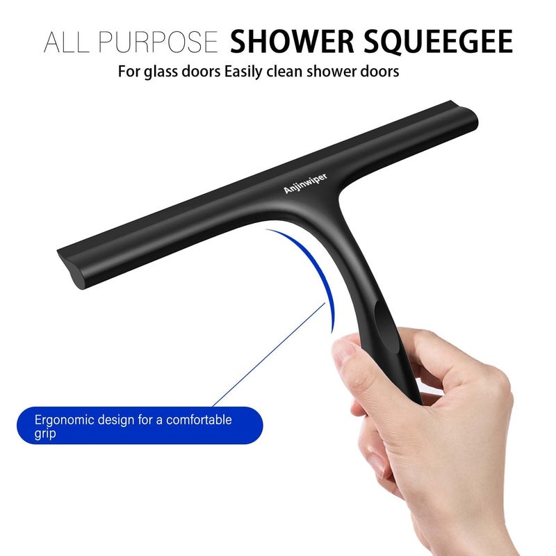 Anjinwiper Shower Squeegee for Glass Doors with Adhesive Hook, Window Squeegee for Shower Glass, Cleaning Tile Wall, Bathroom Cleaner Tool Household Silicone Squeegee(10 inch-Black) - Image 3