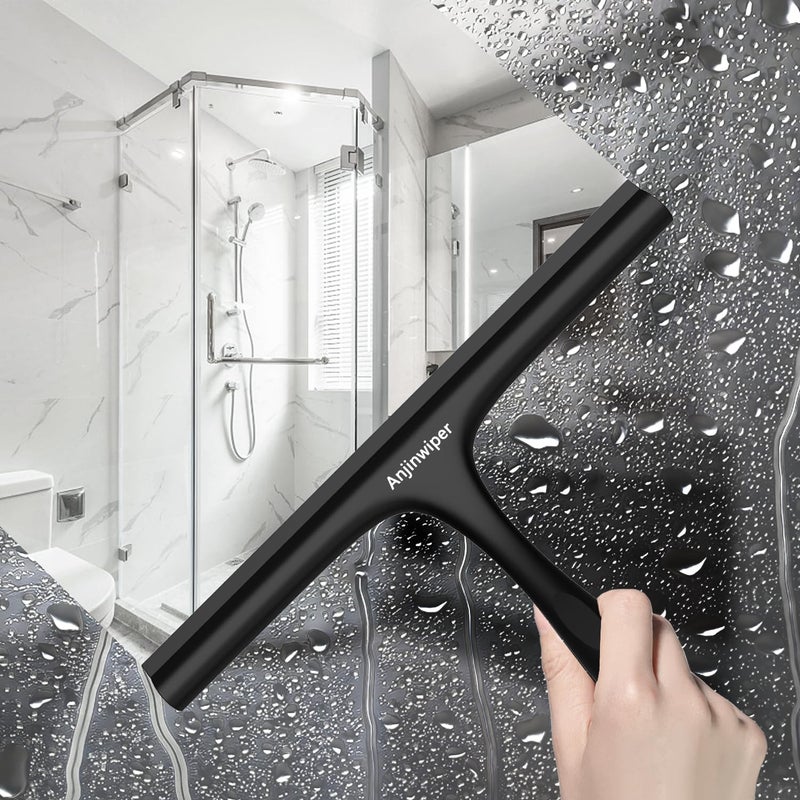 Anjinwiper Shower Squeegee for Glass Doors with Adhesive Hook, Window Squeegee for Shower Glass, Cleaning Tile Wall, Bathroom Cleaner Tool Household Silicone Squeegee(10 inch-Black) - Image 5