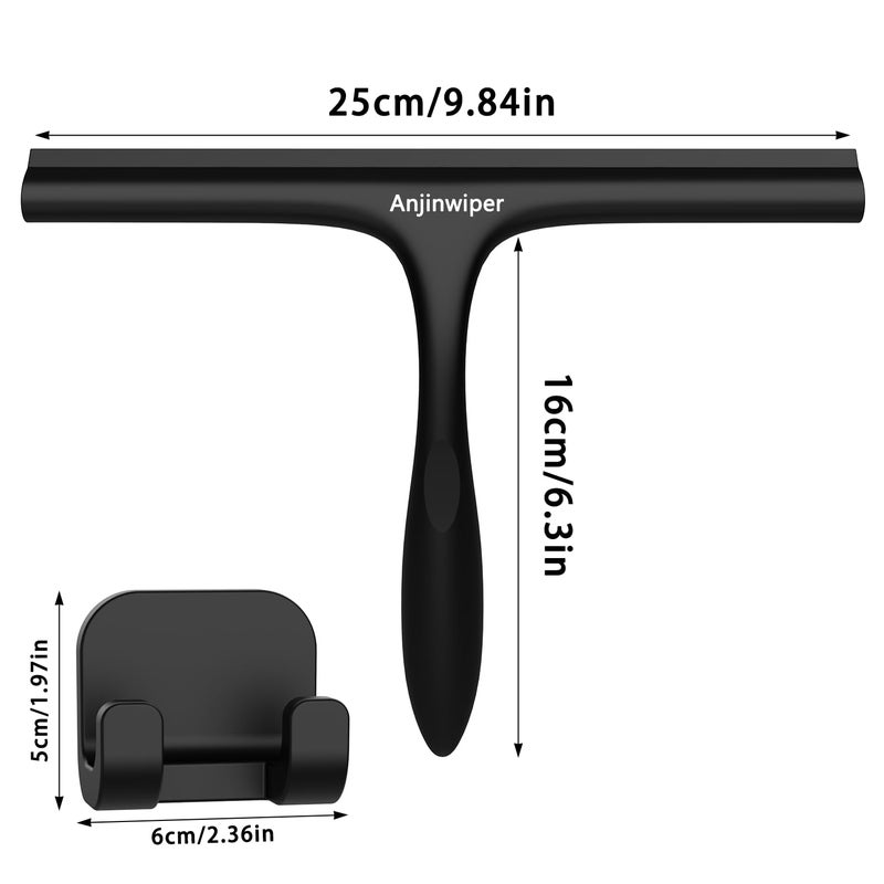 Anjinwiper Shower Squeegee for Glass Doors with Adhesive Hook, Window Squeegee for Shower Glass, Cleaning Tile Wall, Bathroom Cleaner Tool Household Silicone Squeegee(10 inch-Black) - Image 2