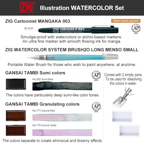 Kuretake Zig illustration watercolor Set 3 Gansai Tambi Fineliner and Waterbrush pen for Inktober Manga Drawing Calligraphy Professional Artist Made in Japan IKTB257V - Image 3