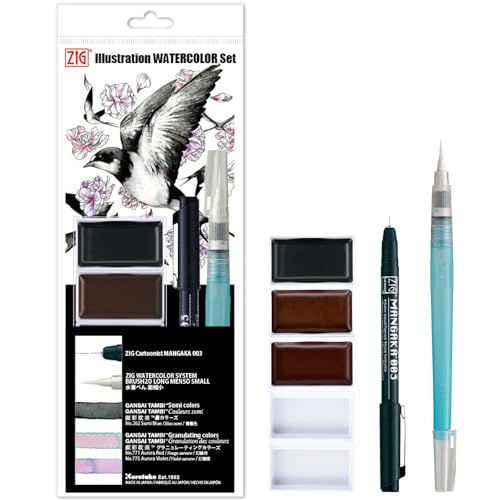 Kuretake Zig illustration watercolor Set 3 Gansai Tambi Fineliner and Waterbrush pen for Inktober Manga Drawing Calligraphy Professional Artist Made in Japan IKTB257V - Image 1