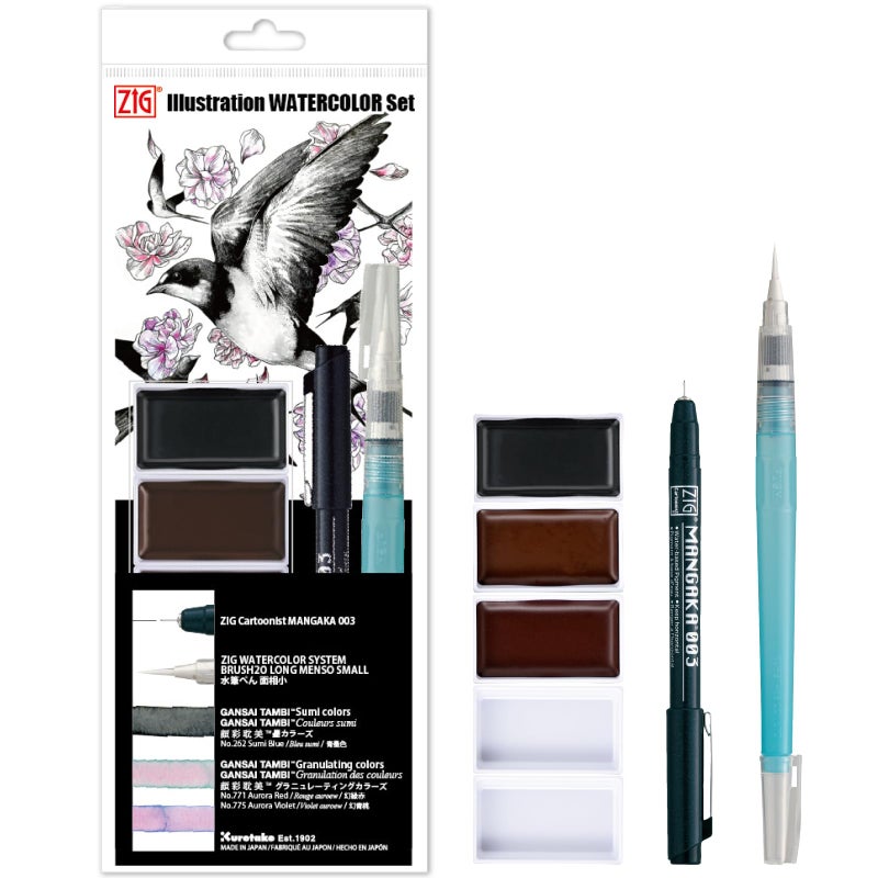 Kuretake Zig illustration watercolor Set 3 Gansai Tambi Fineliner and Waterbrush pen for Inktober Manga Drawing Calligraphy Professional Artist Made in Japan IKTB257V - Image 2