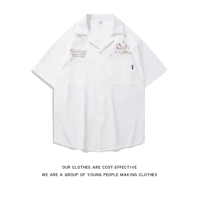 Generic American retro hiphop fried street racing suit shirt mens short sleeve summer loose ins fashion brand motorcycle thin shirt 1266 White