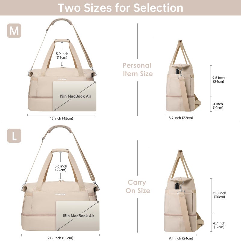 ETRONIK Gym Bag for Women, 45L Carry On Travel Duffel Bag with Shoes Compartment, Weekender Overnight Bag with Wet Pocket & USB Charging Port for Women, Travel, Gym, Weekend, Large Size (Beige) - Image 3