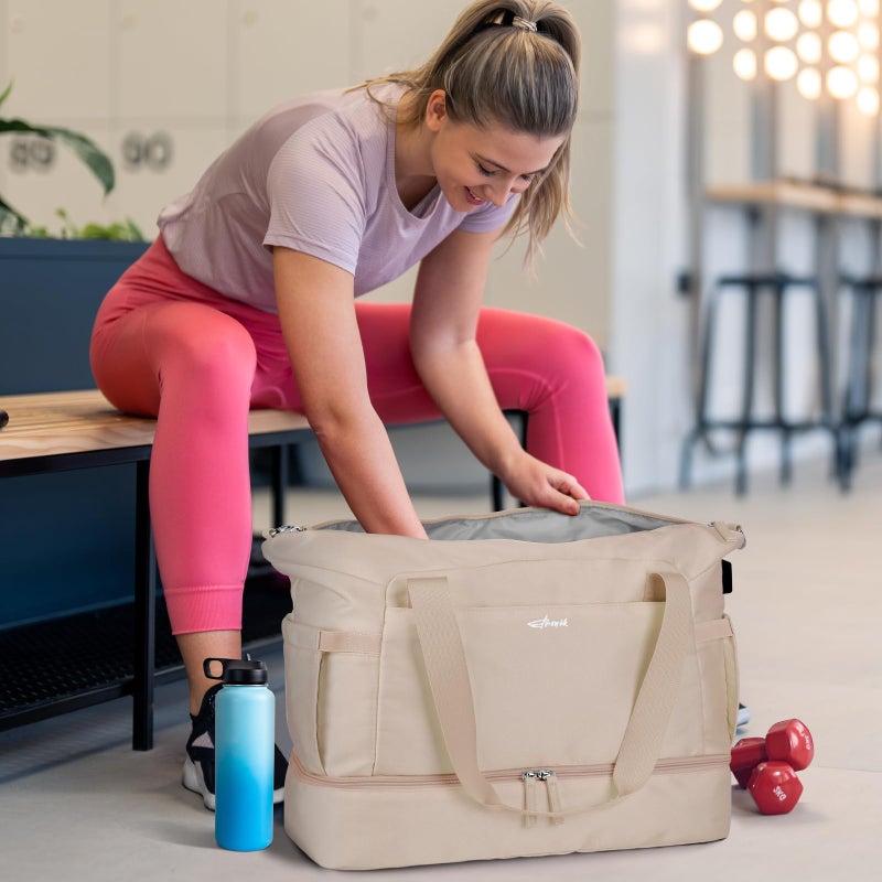 ETRONIK Gym Bag for Women, 45L Carry On Travel Duffel Bag with Shoes Compartment, Weekender Overnight Bag with Wet Pocket & USB Charging Port for Women, Travel, Gym, Weekend, Large Size (Beige) - Image 2