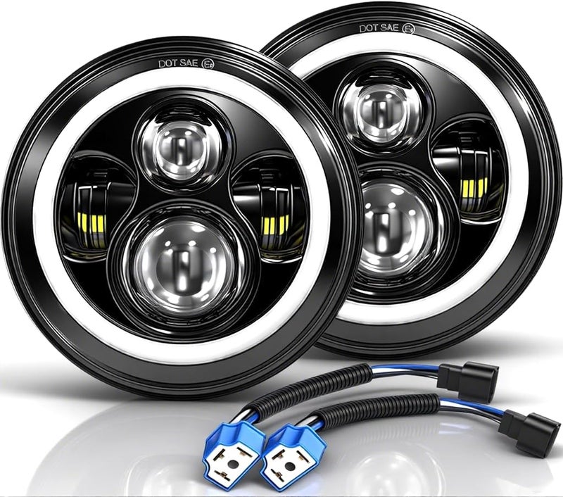 MGLLIGHT 7 Inch LED Headlights Round Halo Angel Eyes DRL Amber Turn Signal Lights H6024 LED Headlights Replace High/Low Sealed Beam Fits Wrangler JK TJ LJ CJ with H4 H13 Adapter, 2PCS - Image 1
