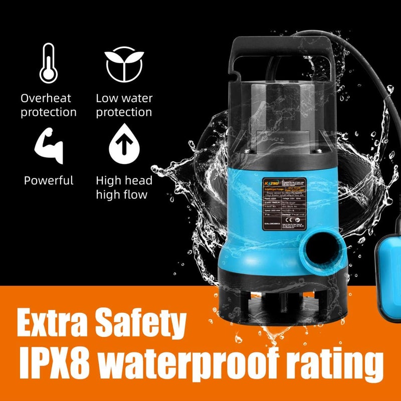 KATSU Tools KATSU Tools 1100W Portable Submersible Pump for Clean and Dirty Water for Garden Pond, Pools, Ditches + Float Switch - Image 2